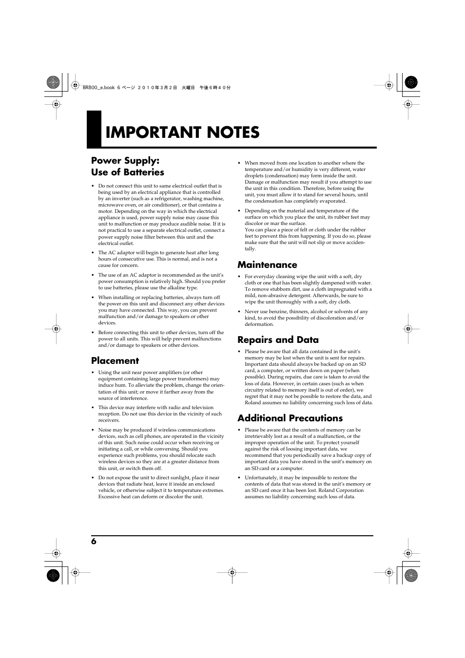 Important notes, Power supply: use of batteries, Placement | Maintenance, Repairs and data, Additional precautions | Roland BR-800 User Manual | Page 4 / 156