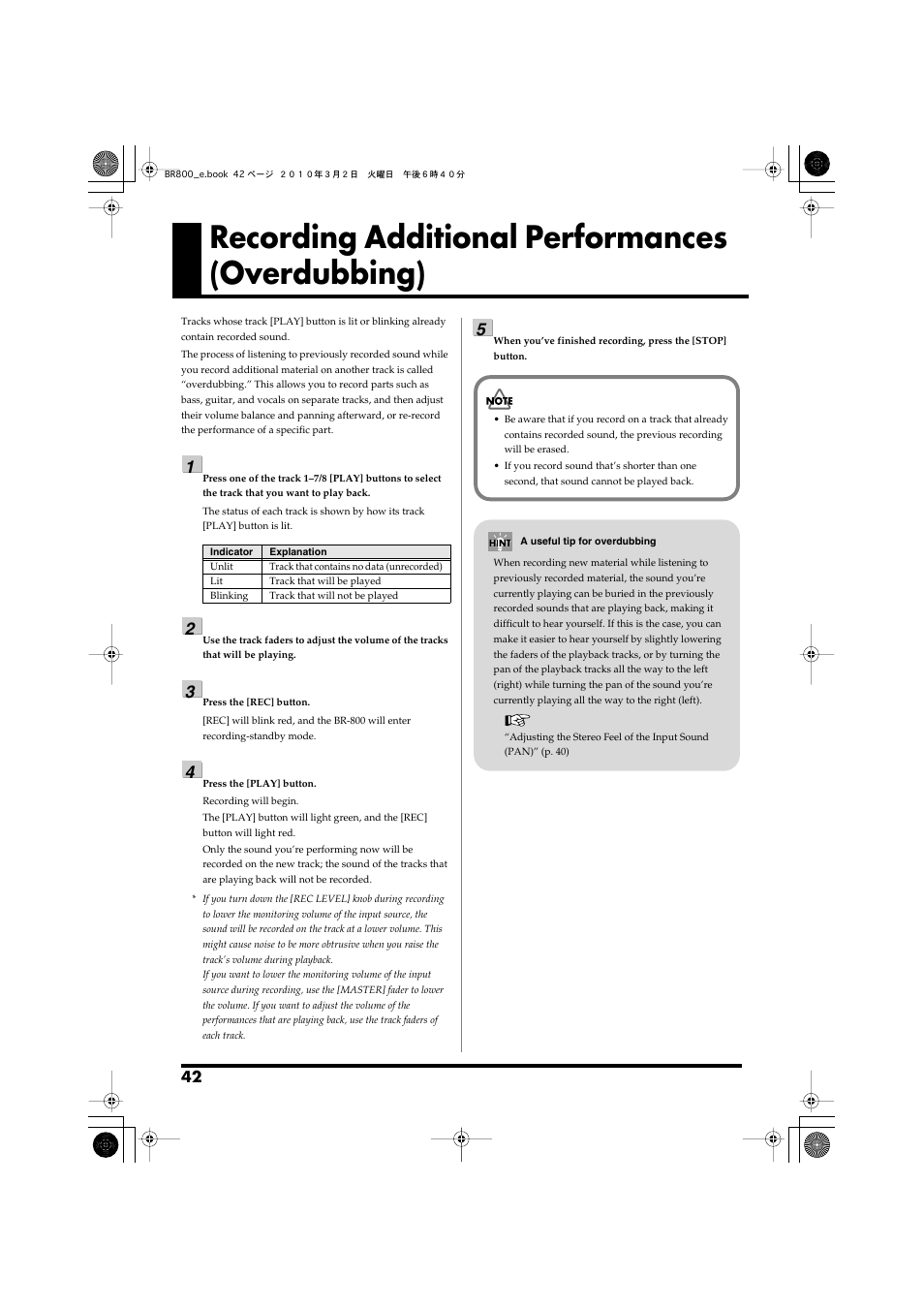 Recording additional performances (overdubbing) | Roland BR-800 User Manual | Page 40 / 156