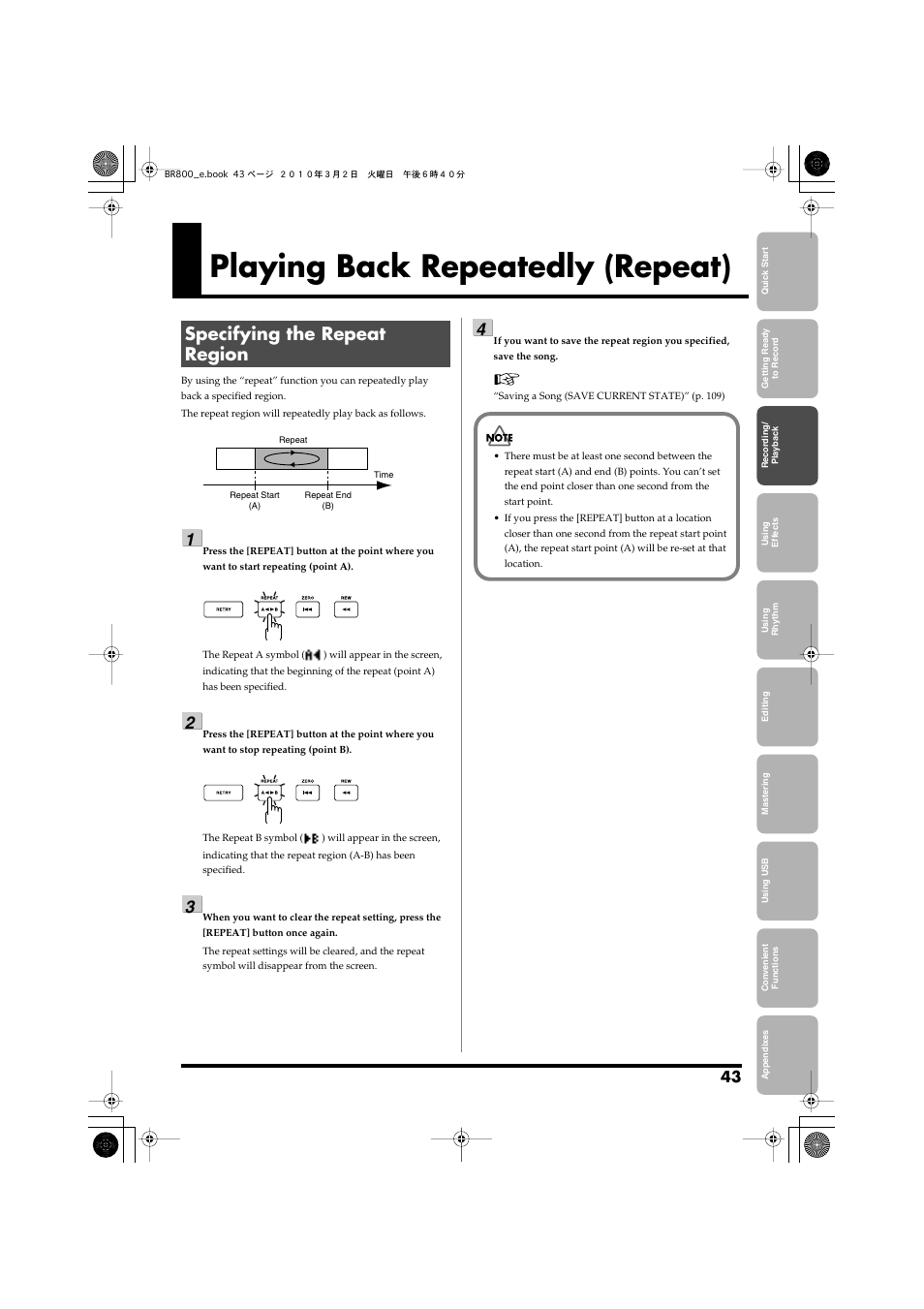 Playing back repeatedly (repeat), Specifying the repeat region, Playing back repeatedly (repeat)” (p. 43) | Roland BR-800 User Manual | Page 41 / 156