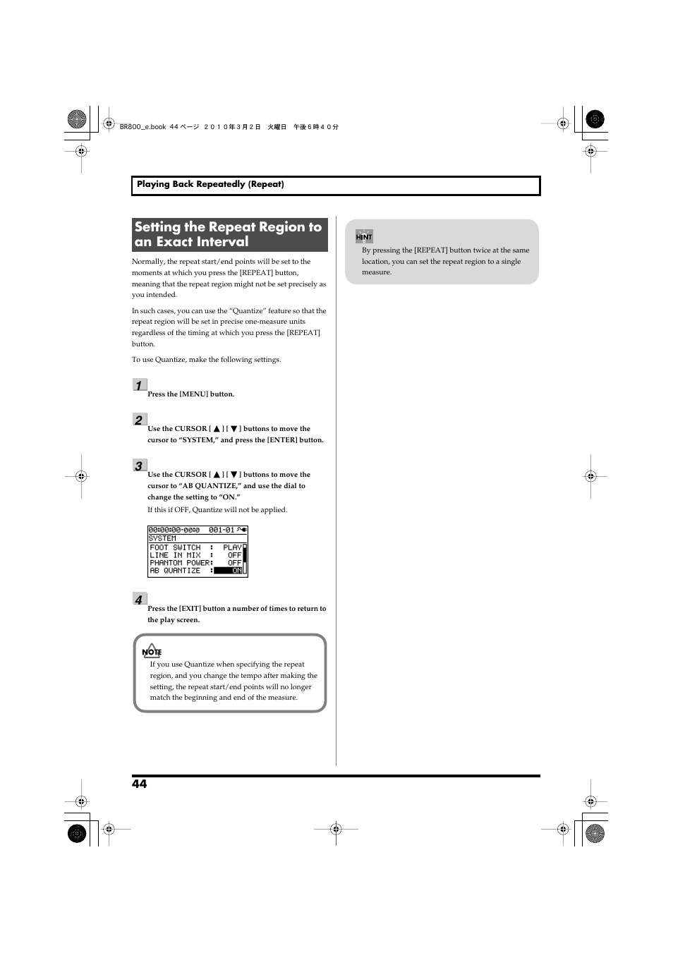 Setting the repeat region to an exact interval | Roland BR-800 User Manual | Page 42 / 156