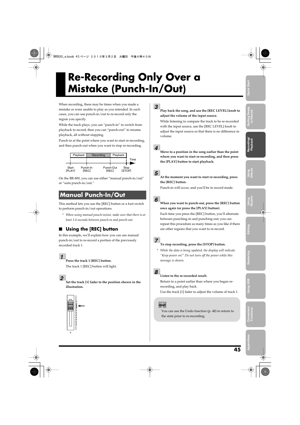 Re-recording only over a mistake (punch-in/out), Manual punch-in/out, Manual punch-in/out” (p. 45) | Roland BR-800 User Manual | Page 43 / 156