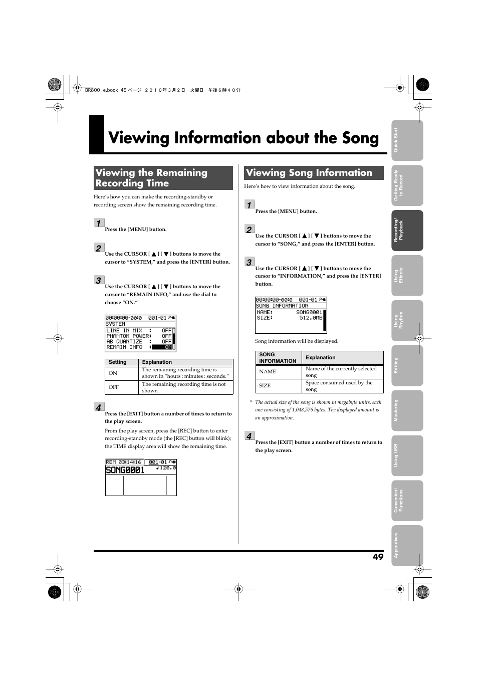 Viewing information about the song, Viewing the remaining recording time, Viewing song information | Roland BR-800 User Manual | Page 47 / 156