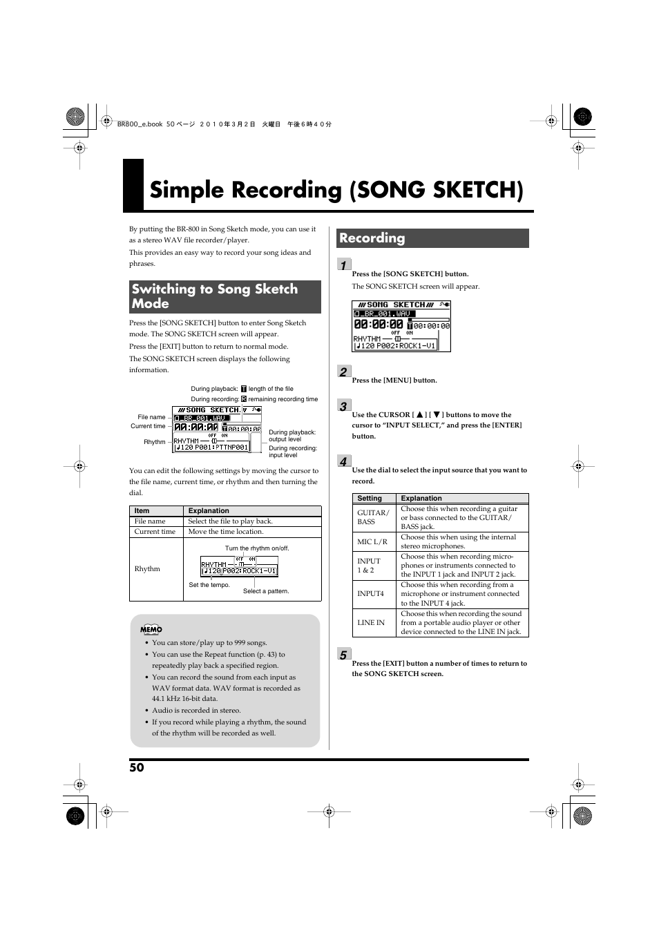 Simple recording (song sketch), Switching to song sketch mode, Recording | Switching to song sketch mode recording, Song sketch function (p. 50), Simple recording (song sketch)” (p. 50) | Roland BR-800 User Manual | Page 48 / 156