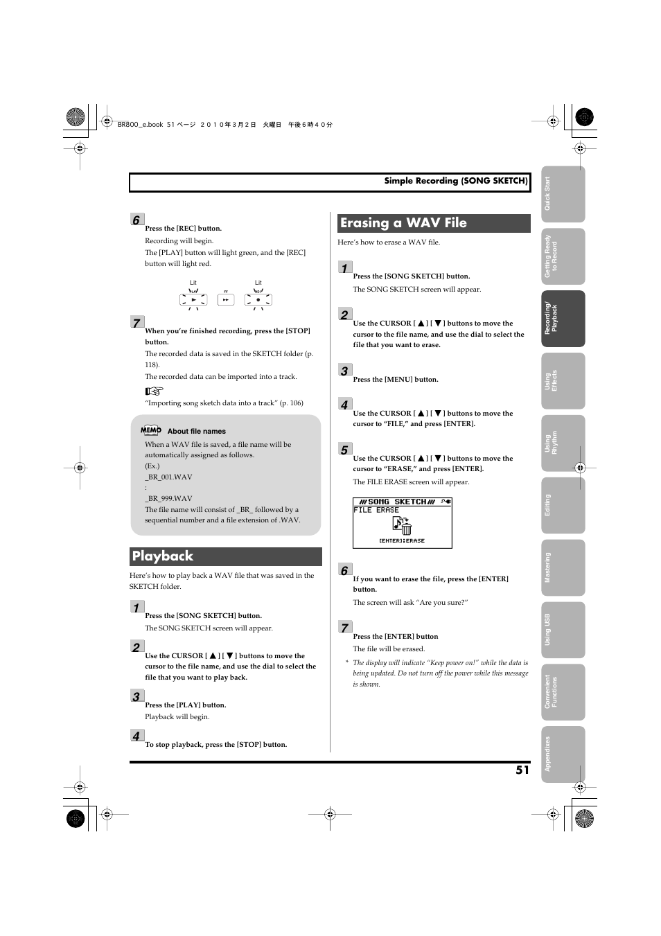 Playback, Erasing a wav file, Playback erasing a wav file | Roland BR-800 User Manual | Page 49 / 156