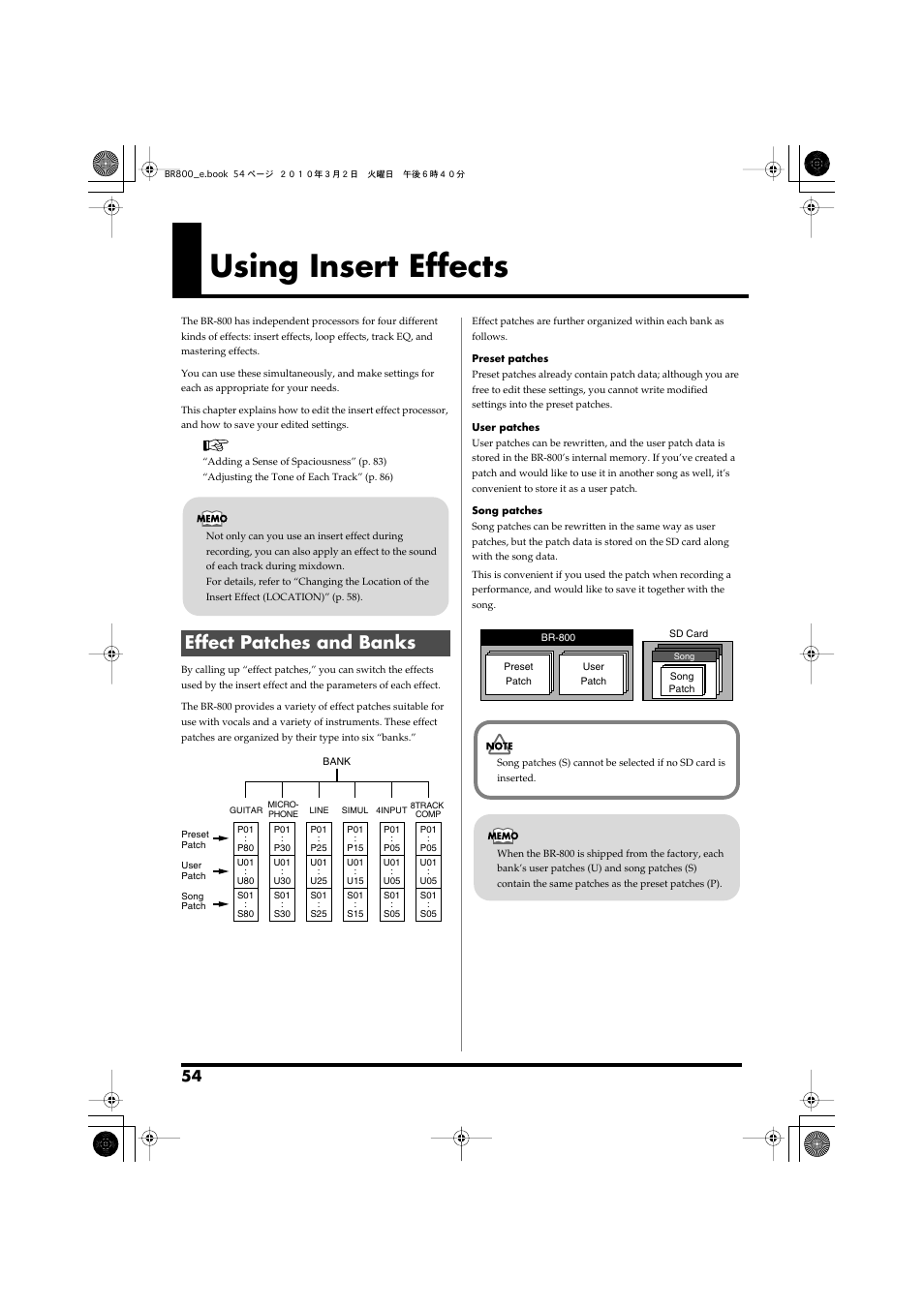 Using insert effects, Effect patches and banks, Insert effect (p. 54) on/off and edit its settings | Roland BR-800 User Manual | Page 52 / 156