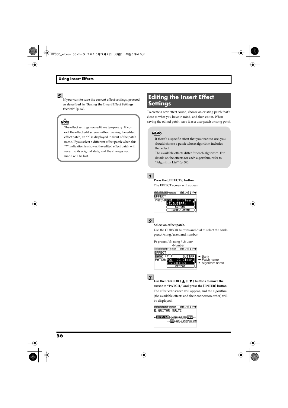 Editing the insert effect settings | Roland BR-800 User Manual | Page 54 / 156