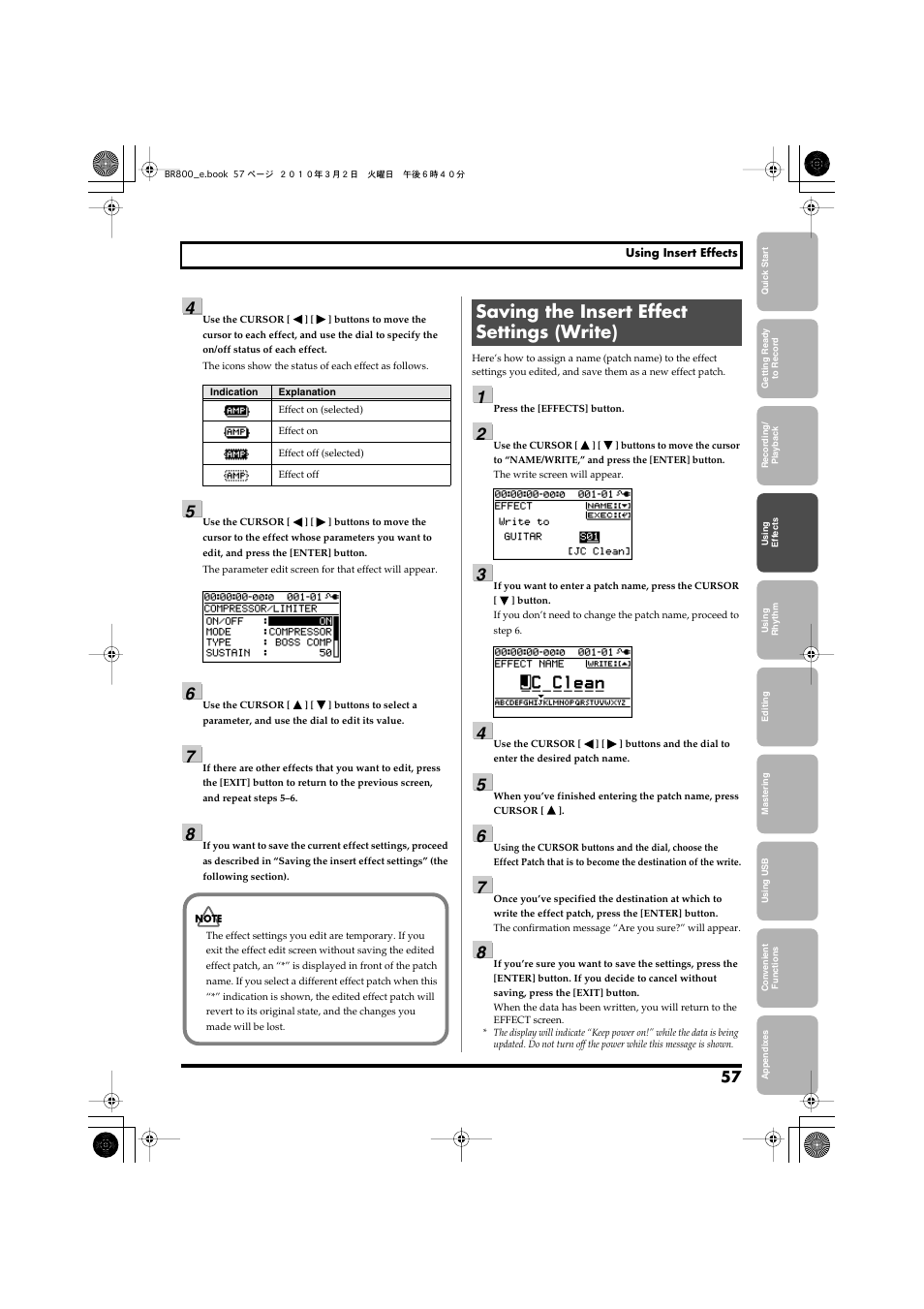 Saving the insert effect settings (write) | Roland BR-800 User Manual | Page 55 / 156