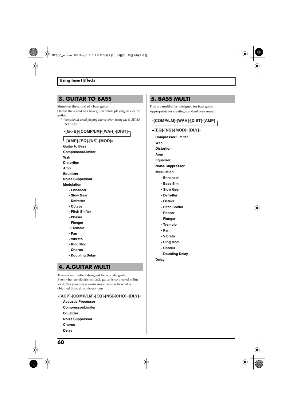 Guitar to bass 4. a.guitar multi, Bass multi | Roland BR-800 User Manual | Page 58 / 156