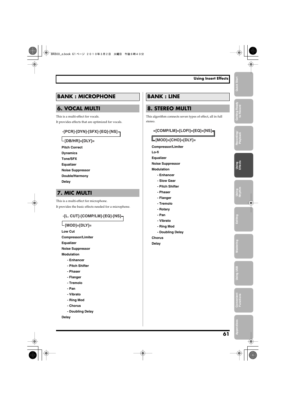 Bank : microphone 6. vocal multi 7. mic multi, Bank : line 8. stereo multi | Roland BR-800 User Manual | Page 59 / 156