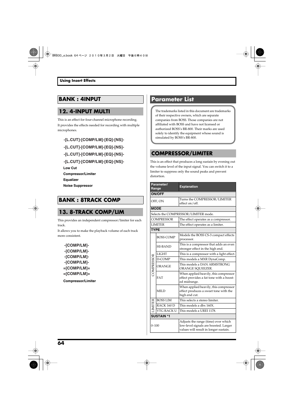 Parameter list, Compressor/limiter | Roland BR-800 User Manual | Page 62 / 156