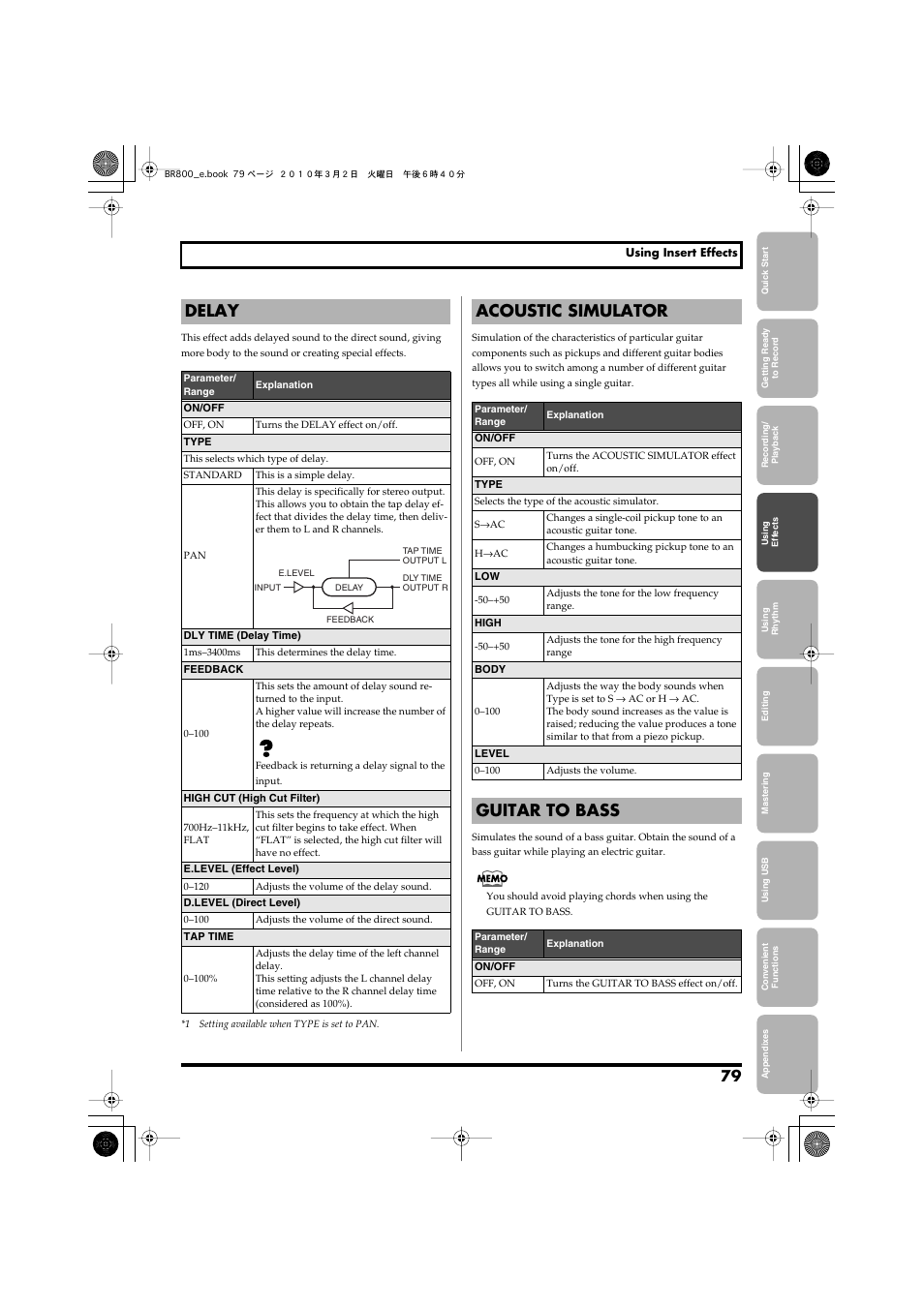 Delay, Acoustic simulator, Guitar to bass | Roland BR-800 User Manual | Page 77 / 156