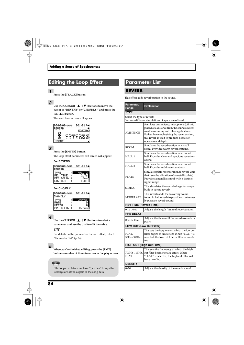 Editing the loop effect, Parameter list, Editing the loop effect parameter list | Reverb | Roland BR-800 User Manual | Page 82 / 156