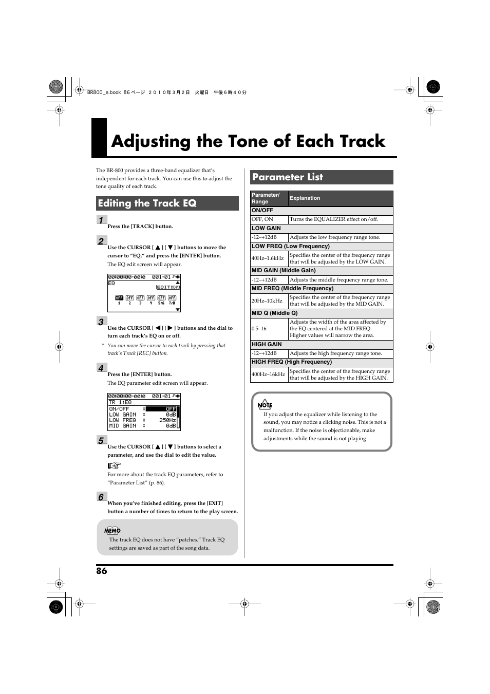 Adjusting the tone of each track, Editing the track eq, Parameter list | Editing the track eq parameter list | Roland BR-800 User Manual | Page 84 / 156