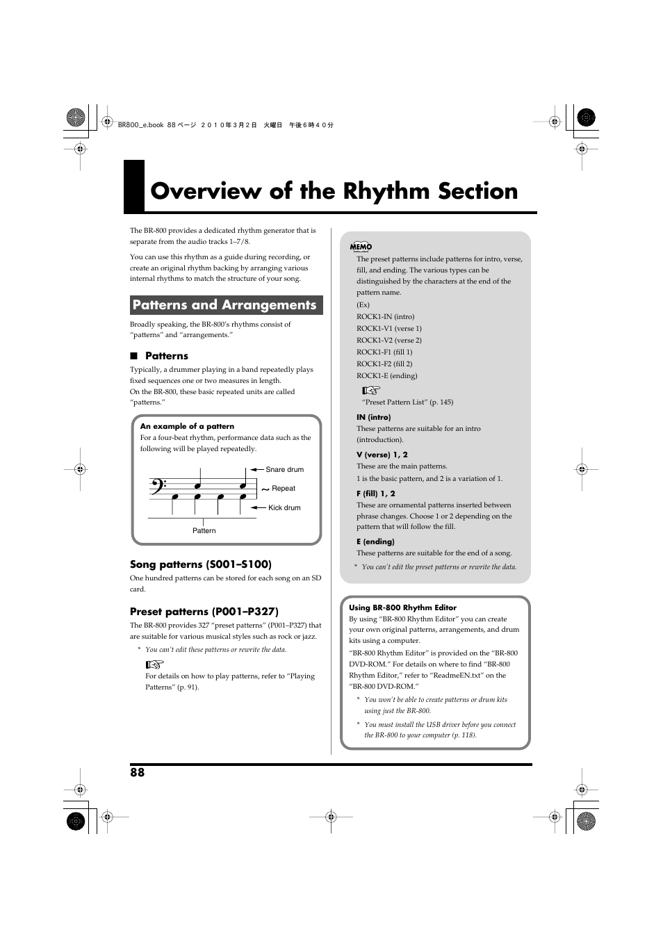 Overview of the rhythm section, Patterns and arrangements, Overview of the rhythm section” (p. 88) | Roland BR-800 User Manual | Page 86 / 156