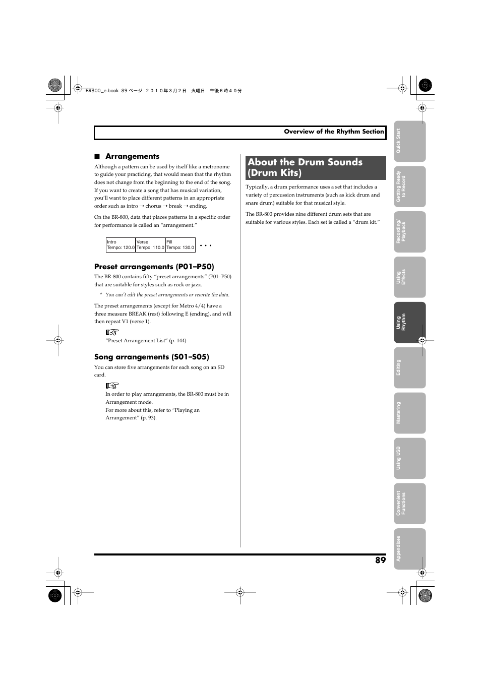 About the drum sounds (drum kits), Arrangements, Preset arrangements (p01–p50) | Song arrangements (s01–s05) | Roland BR-800 User Manual | Page 87 / 156