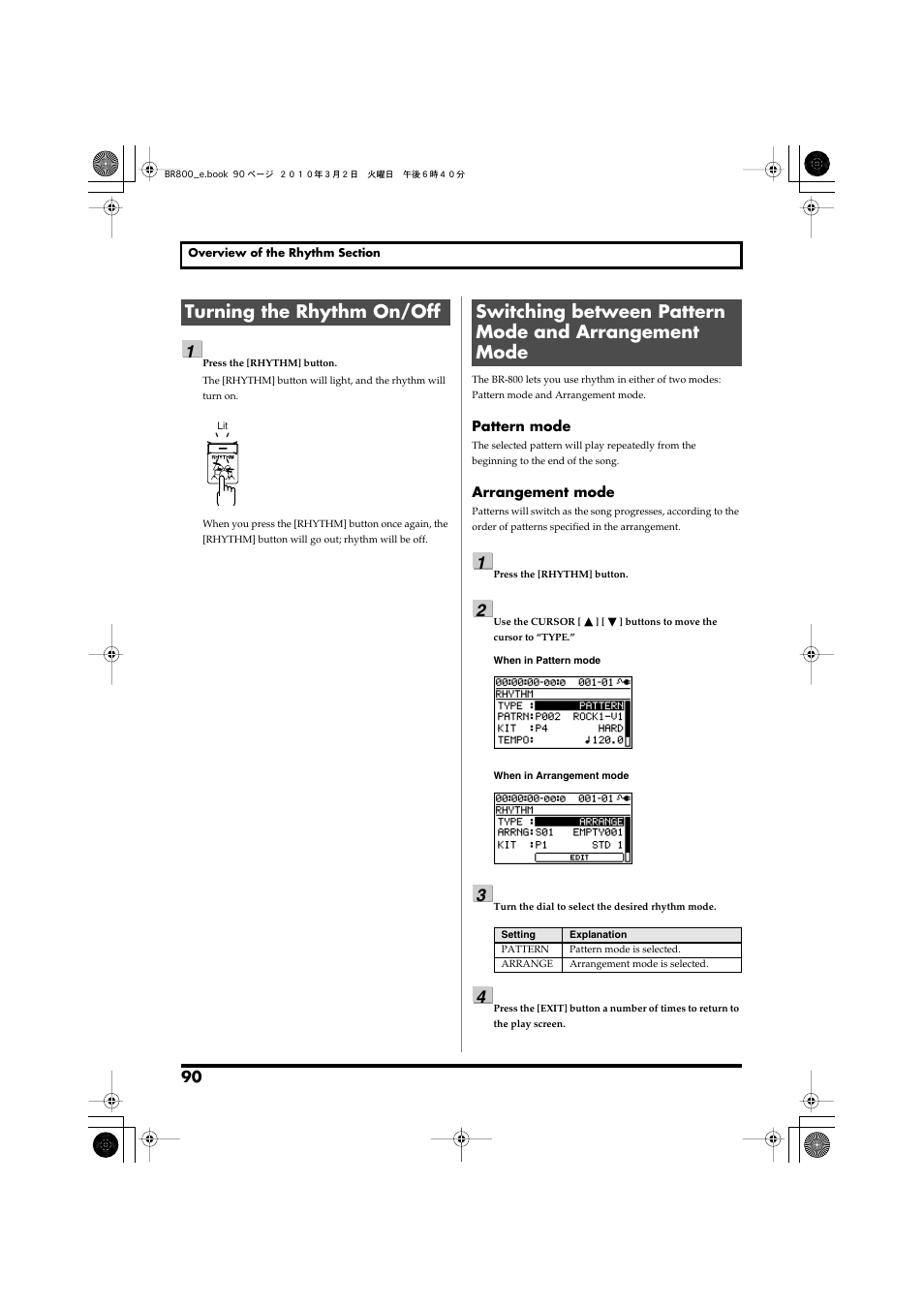 Turning the rhythm on/off | Roland BR-800 User Manual | Page 88 / 156