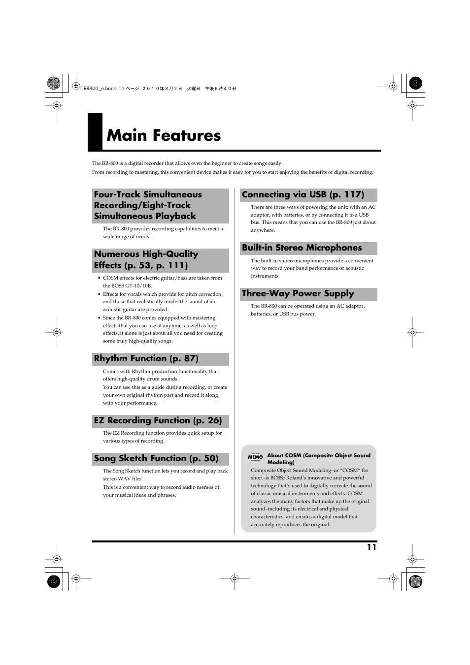 Main features, Numerous high-quality effects (p. 53, p. 111), Rhythm function (p. 87) | Ez recording function (p. 26), Song sketch function (p. 50), Connecting via usb (p. 117), Built-in stereo microphones, Three-way power supply | Roland BR-800 User Manual | Page 9 / 156