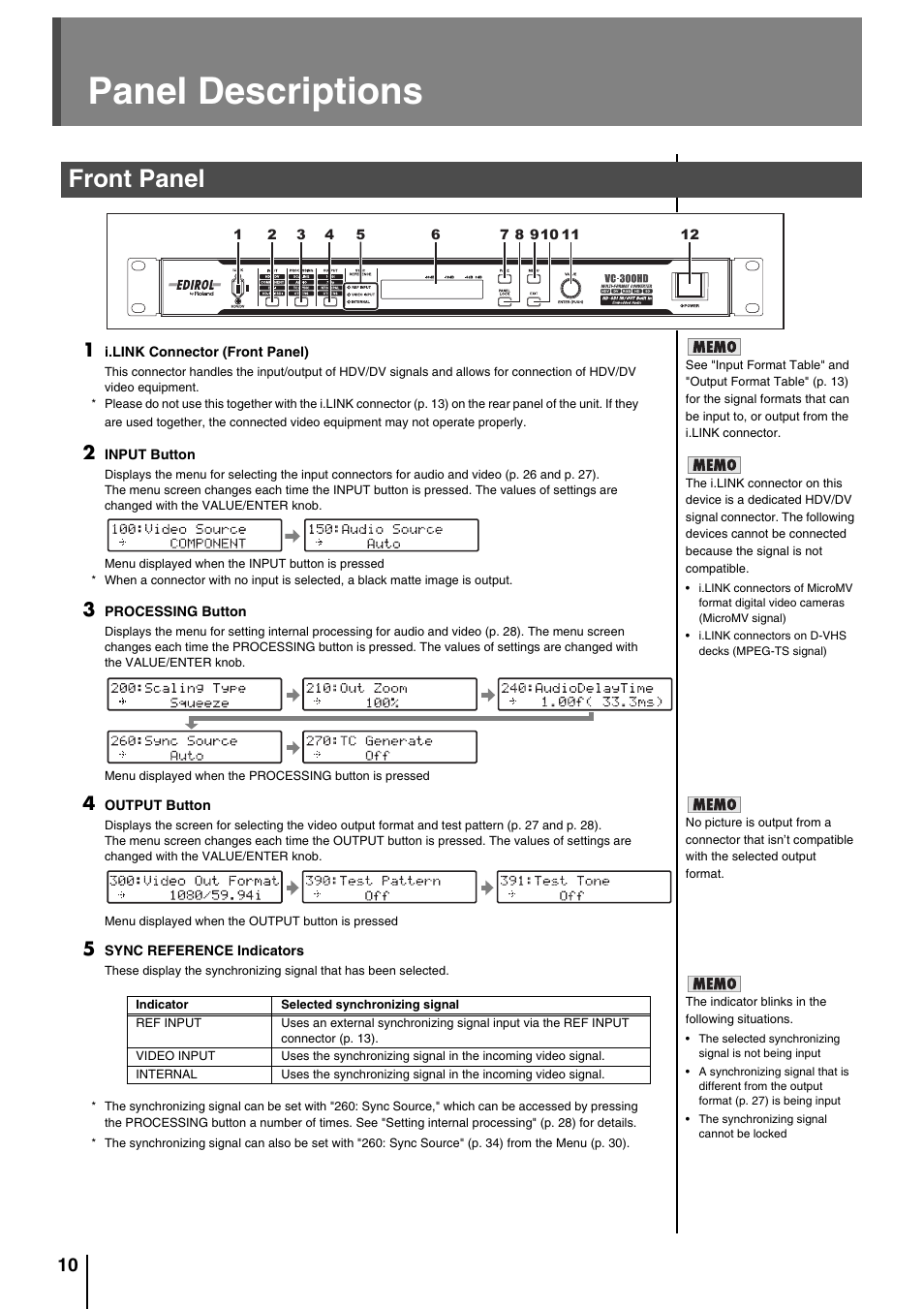 Panel descriptions, Front panel | Roland VC-200HD User Manual | Page 10 / 48