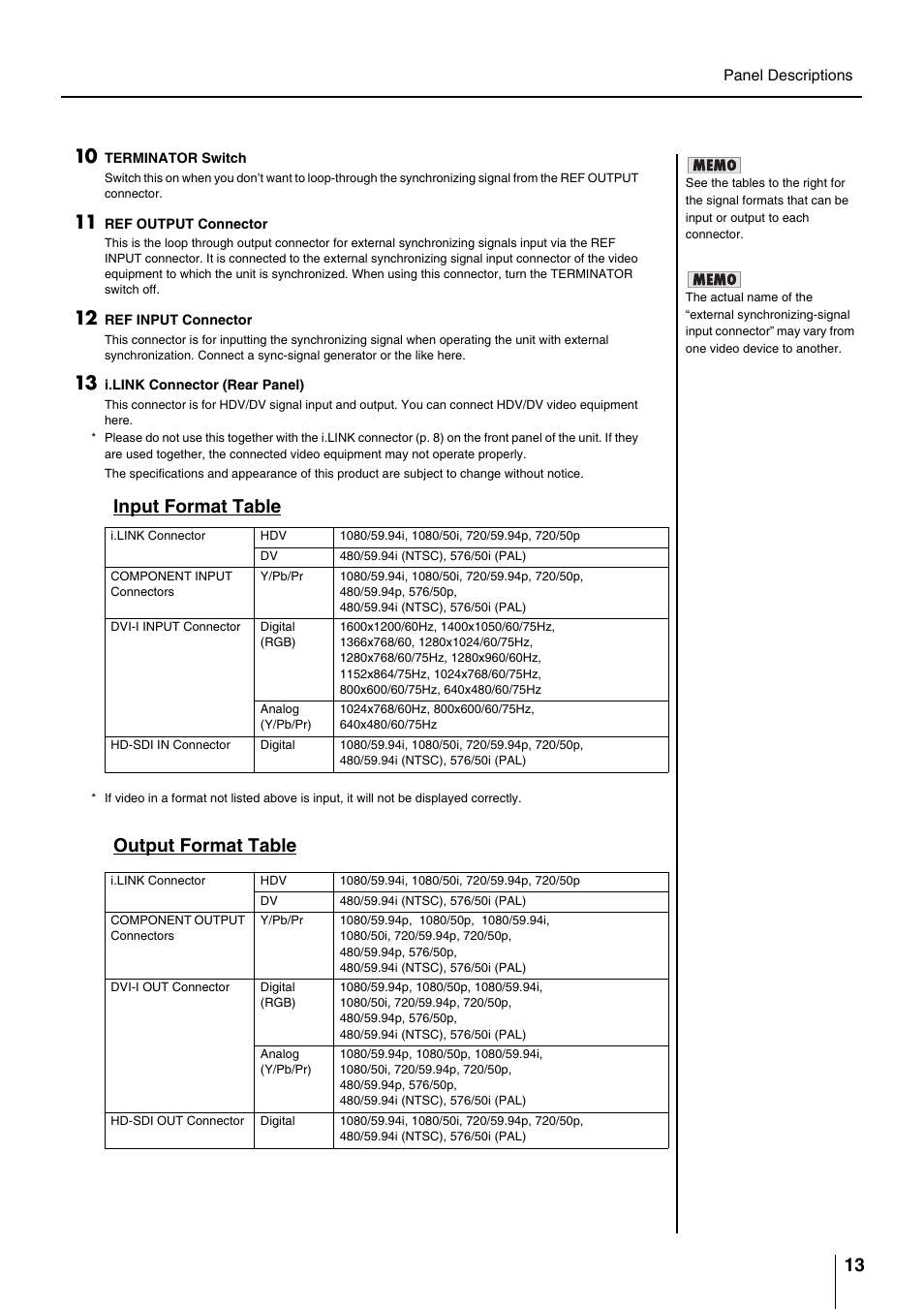 Connector (p. 13), Output format table" (p. 13), See p. 13 for the signal | Input format table, Output format table | Roland VC-200HD User Manual | Page 13 / 48