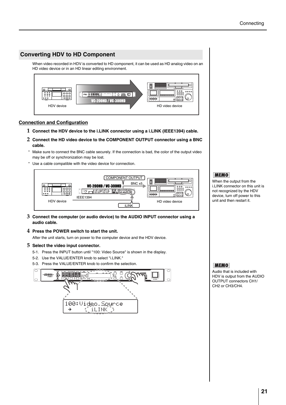 Converting hdv to hd component, P. 21 | Roland VC-200HD User Manual | Page 21 / 48