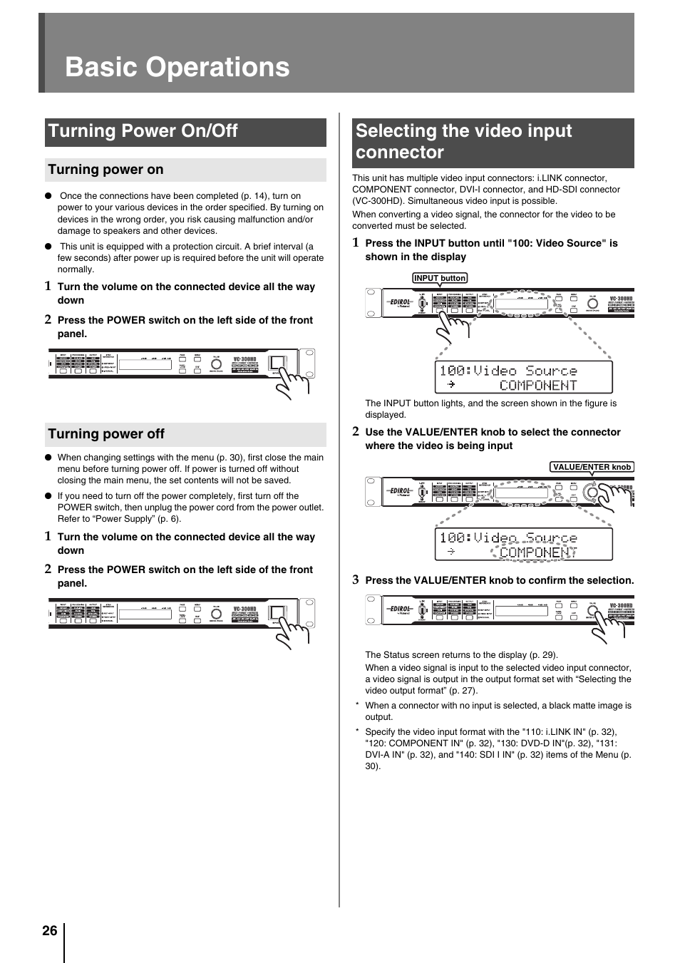 Basic operations, Turning power on/off, Turning power on | Turning power off, Selecting the video input connector, Turning power on turning power off | Roland VC-200HD User Manual | Page 26 / 48