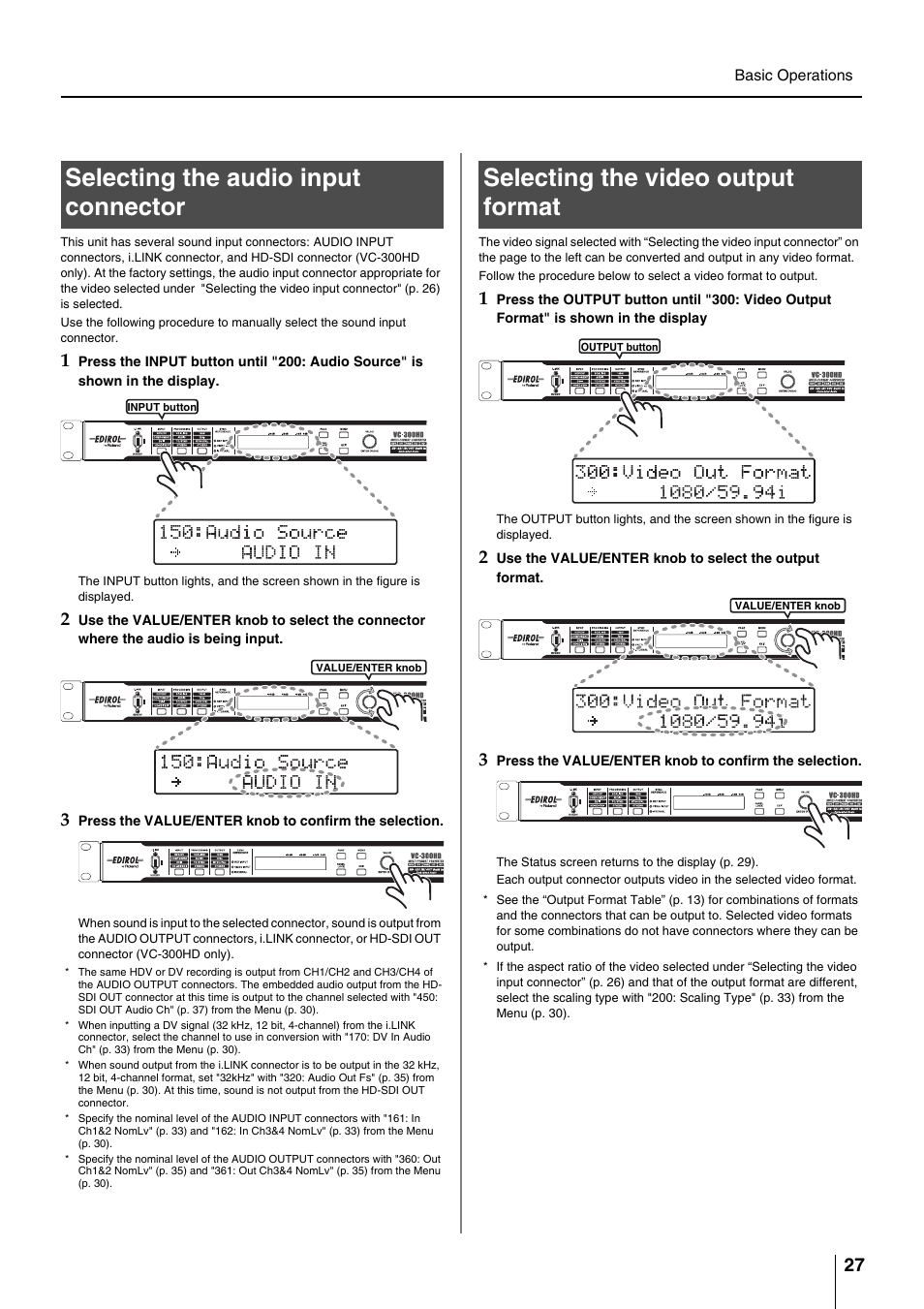 Selecting the audio input connector, Selecting the video output format, Format (p. 27) is being input | See “selecting the video output format” (p. 27) | Roland VC-200HD User Manual | Page 27 / 48