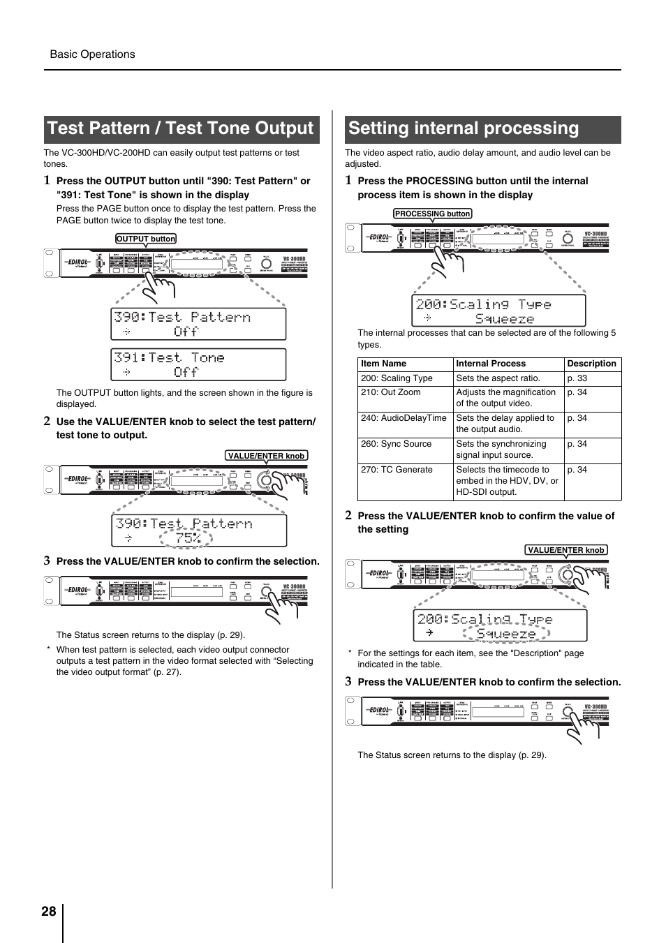 Test pattern / test tone output, Setting internal processing | Roland VC-200HD User Manual | Page 28 / 48