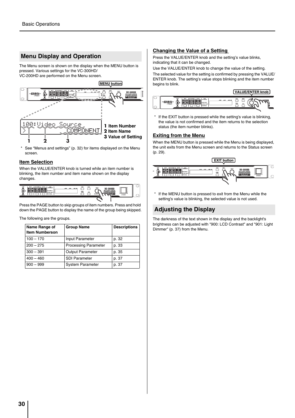 Menu display and operation, Adjusting the display, Menu display and operation adjusting the display | P. 30), The menu (p. 30) is not set to “auto, Menu (p. 30), Audiooutch3&4lv" (p. 35) on the above menu (p. 30) | Roland VC-200HD User Manual | Page 30 / 48