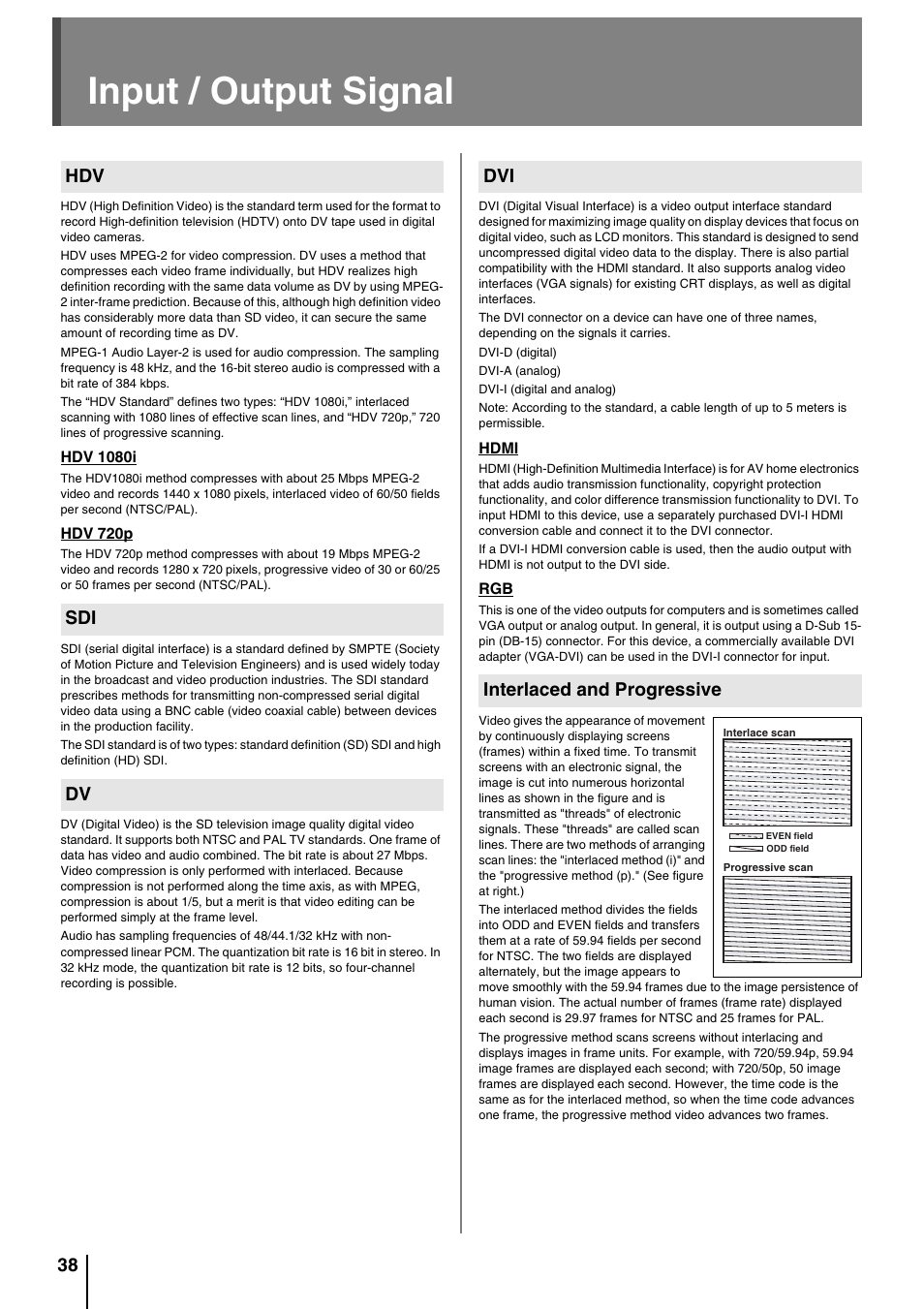 Input / output signal, Interlaced and progressive, Hdv sdi dv dvi interlaced and progressive | See "dvi" (p. 38) for details | Roland VC-200HD User Manual | Page 38 / 48