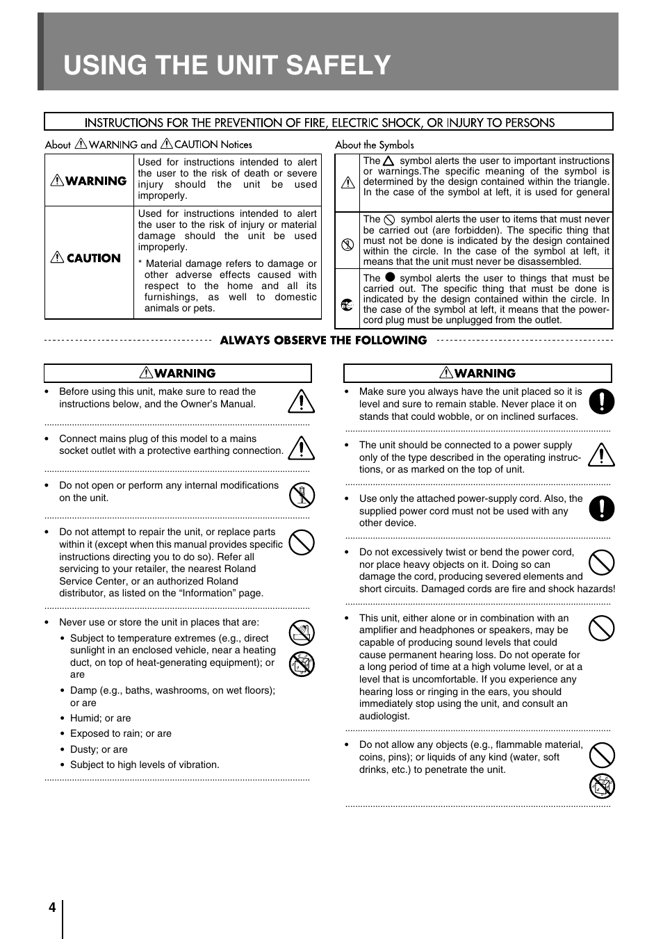 Using the unit safely | Roland VC-200HD User Manual | Page 4 / 48