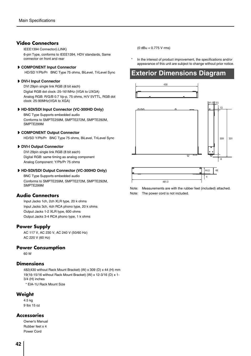 Exterior dimensions diagram, Video connectors, Audio connectors | Power supply, Power consumption, Dimensions, Weight, Accessories, Main specifications | Roland VC-200HD User Manual | Page 42 / 48