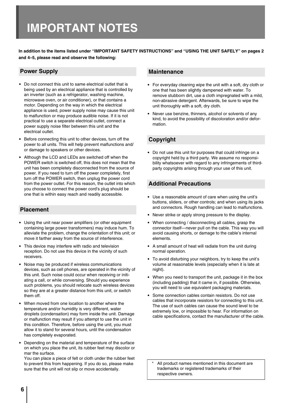 Important notes | Roland VC-200HD User Manual | Page 6 / 48