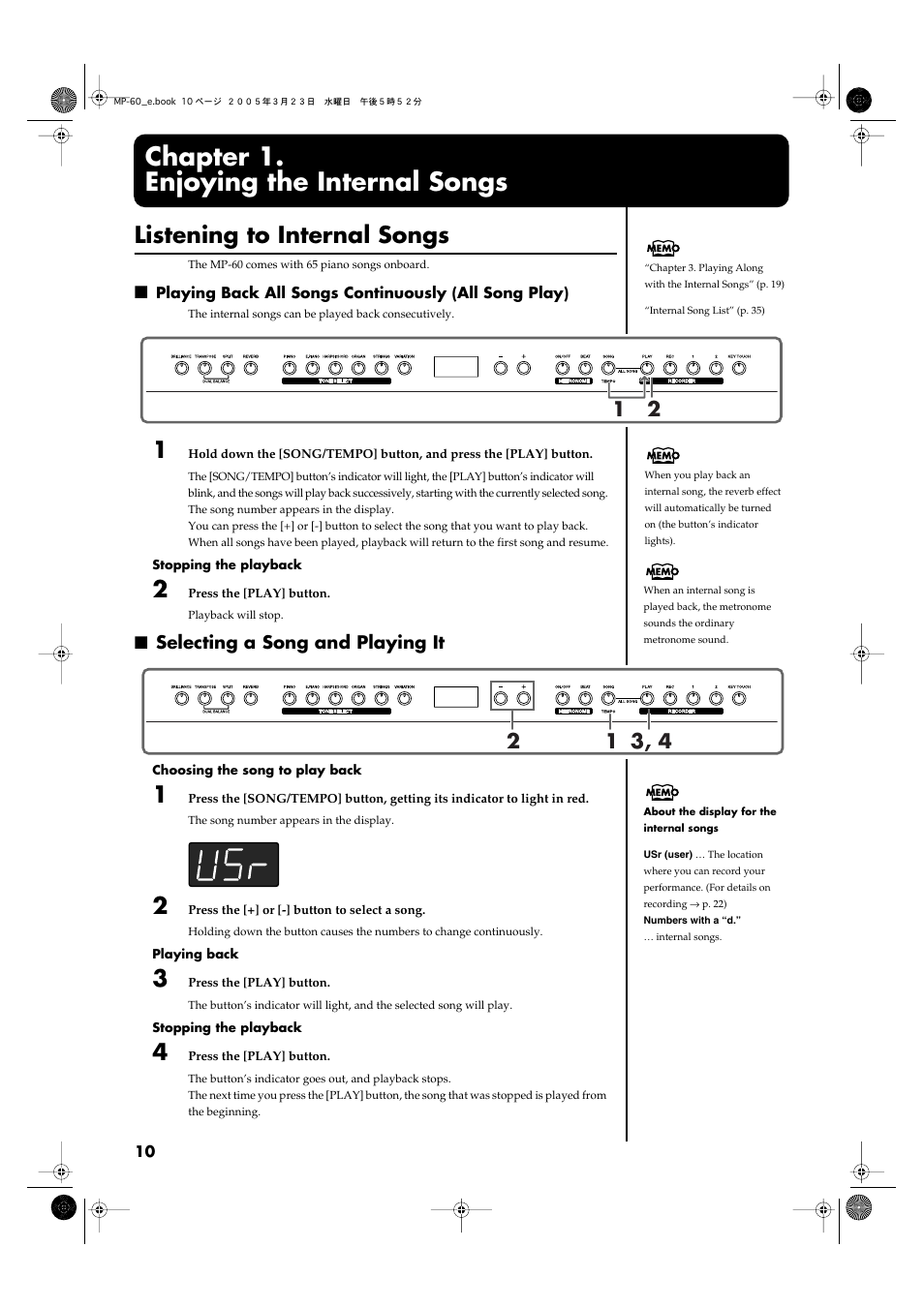 Chapter 1. enjoying the internal songs, Listening to internal songs, Selecting a song and playing it | Chapter 1, Enjoying the internal songs, Performances (p. 10, p. 19) | Roland MP-60 User Manual | Page 10 / 44