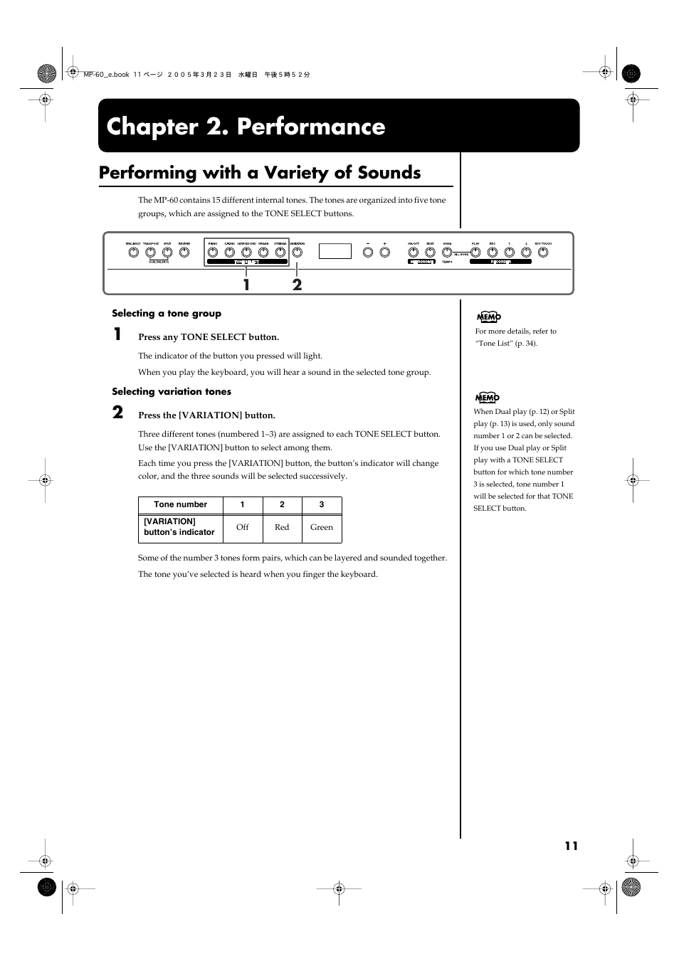 Chapter 2. performance, Performing with a variety of sounds, Chapter 2 | Performance, By the keyboard (p. 11) | Roland MP-60 User Manual | Page 11 / 44