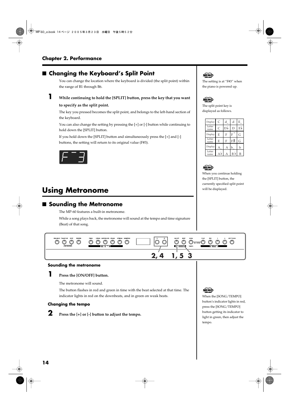 Changing the keyboard’s split point, Using metronome, Sounding the metronome | Turns the metronome on/off (p. 14) | Roland MP-60 User Manual | Page 14 / 44