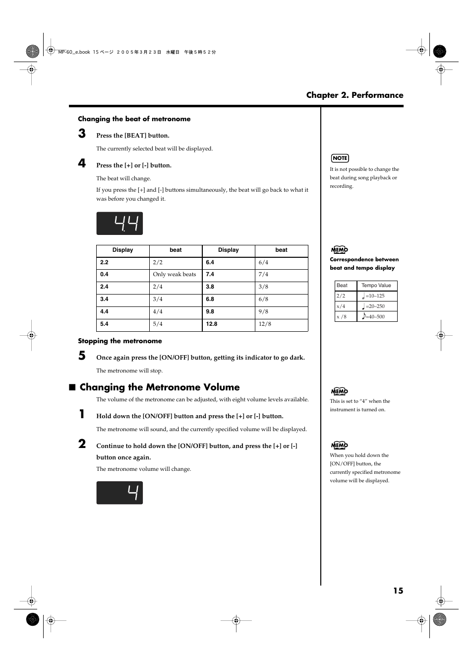 Changing the metronome volume, The time signature (beat) (p. 15) | Roland MP-60 User Manual | Page 15 / 44