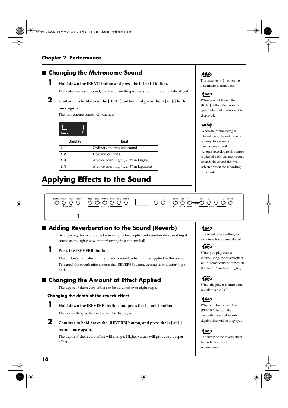 Changing the metronome sound, Applying effects to the sound, Adding reverberation to the sound (reverb) | Changing the amount of effect applied, Adds reverberation to the sound (p. 16) | Roland MP-60 User Manual | Page 16 / 44