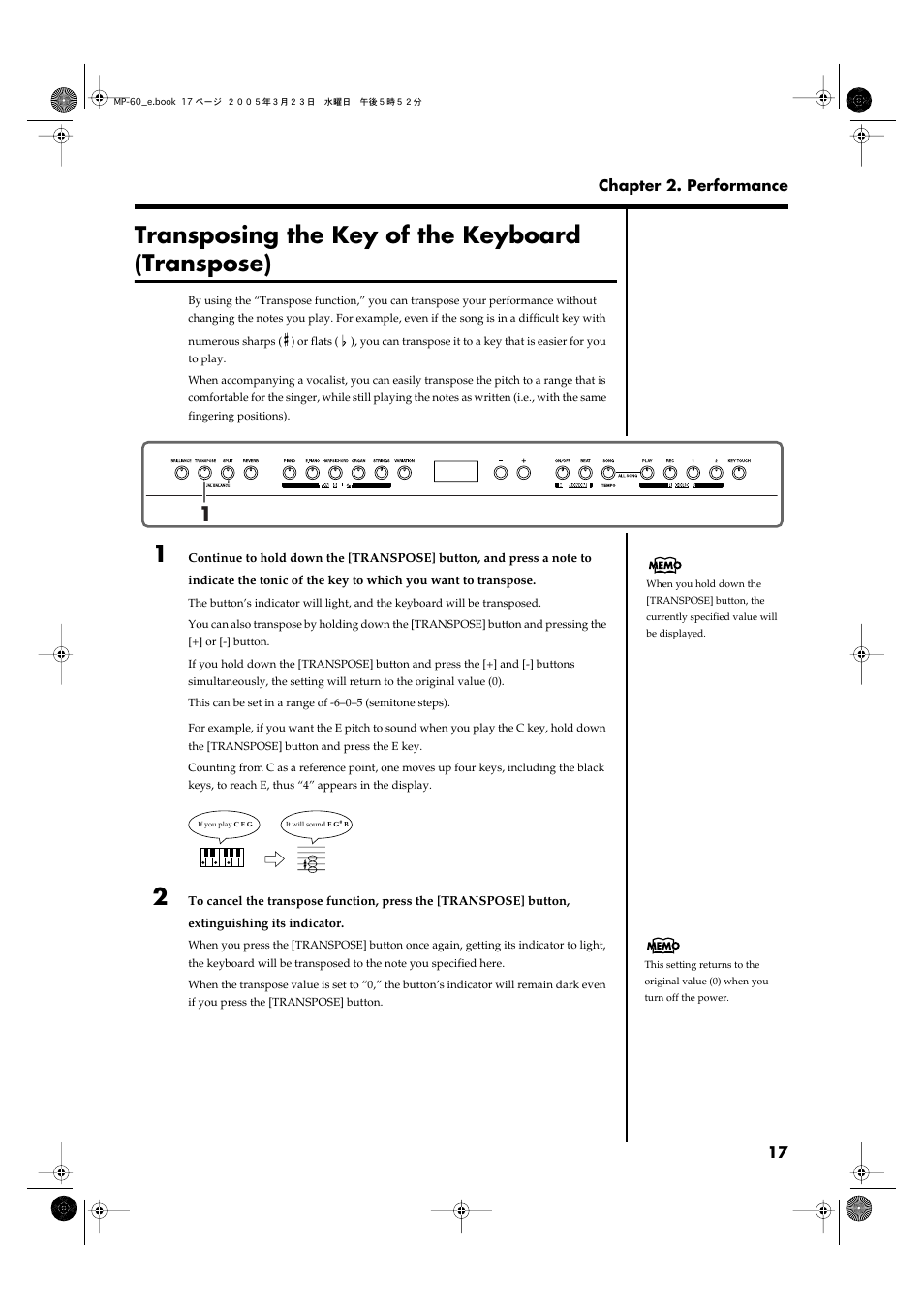 Transposing the key of the keyboard (transpose), Transposes the pitch of the keyboard (p. 17) | Roland MP-60 User Manual | Page 17 / 44