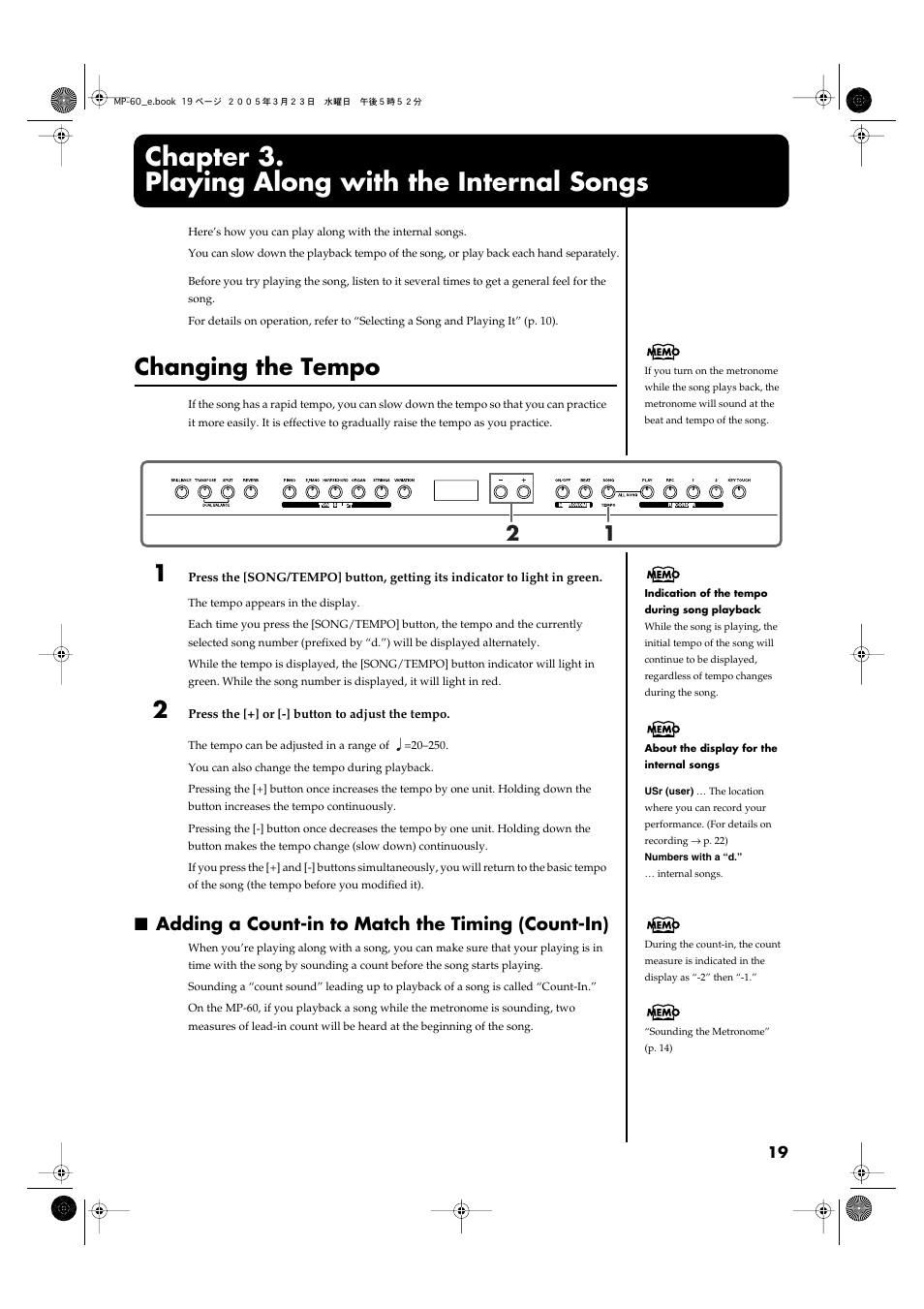 Chapter 3. playing along with the internal songs, Changing the tempo, Adding a count-in to match the timing (count-in) | Chapter 3, Playing along with the internal songs, Chapter 3. playing along, With the internal songs” (p. 19) | Roland MP-60 User Manual | Page 19 / 44