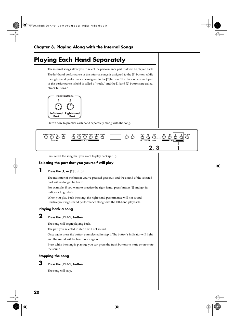 Playing each hand separately, P. 20, p. 23–p. 25) | Roland MP-60 User Manual | Page 20 / 44