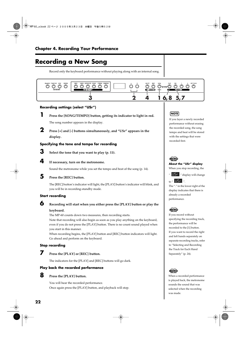 Recording a new song, P. 22), Recording a new song” (p. 22)) | Roland MP-60 User Manual | Page 22 / 44