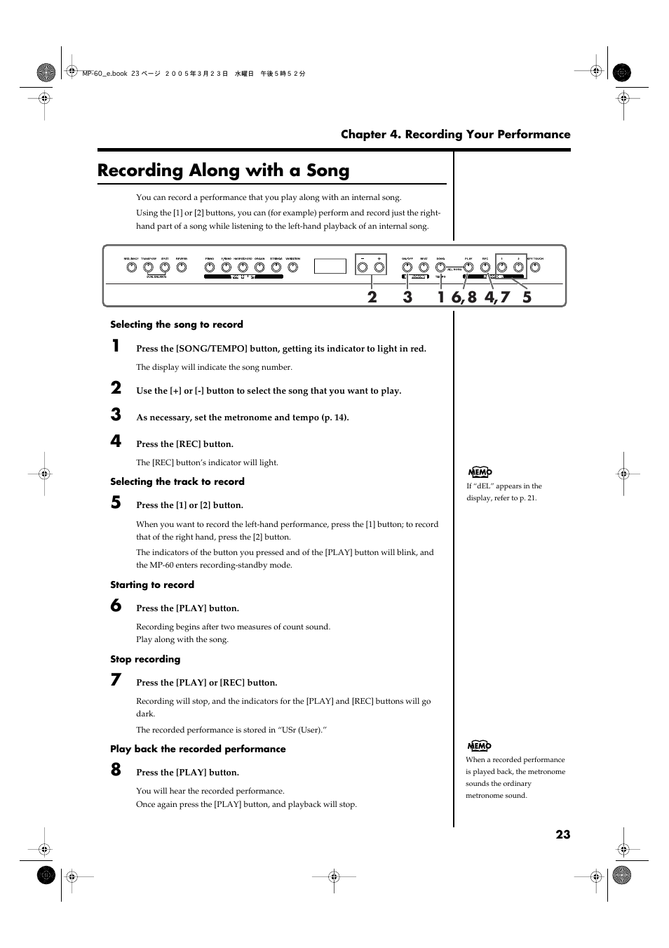 Recording along with a song, Recording along with a song” (p | Roland MP-60 User Manual | Page 23 / 44