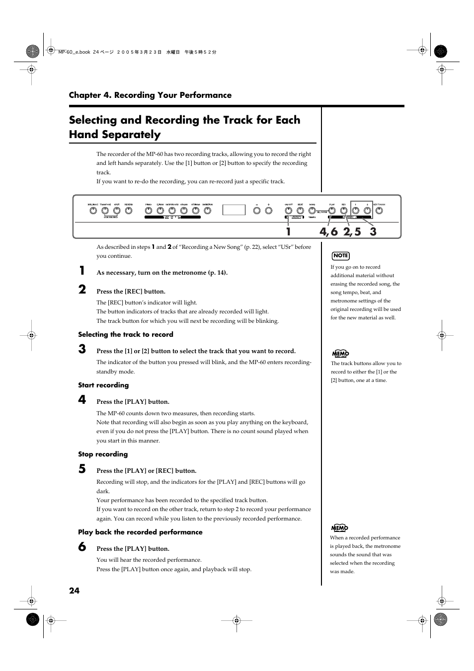 Selecting and recording the track for each, Hand separately” (p. 24)), To “selecting and recording | The track for each hand, Separately” (p. 24) | Roland MP-60 User Manual | Page 24 / 44