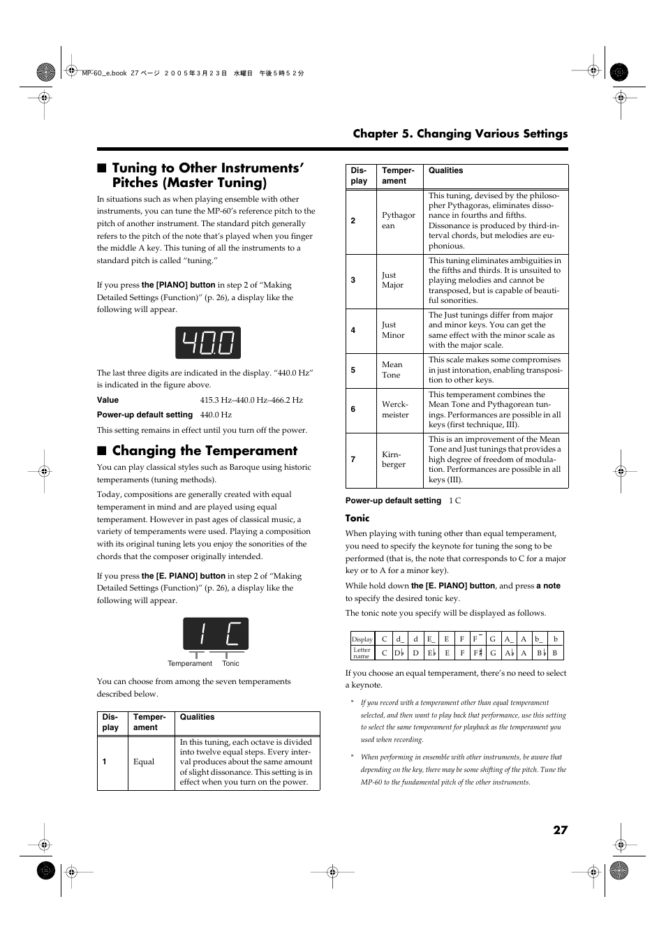 Changing the temperament, P. 27, 27 chapter 5. changing various settings | Roland MP-60 User Manual | Page 27 / 44