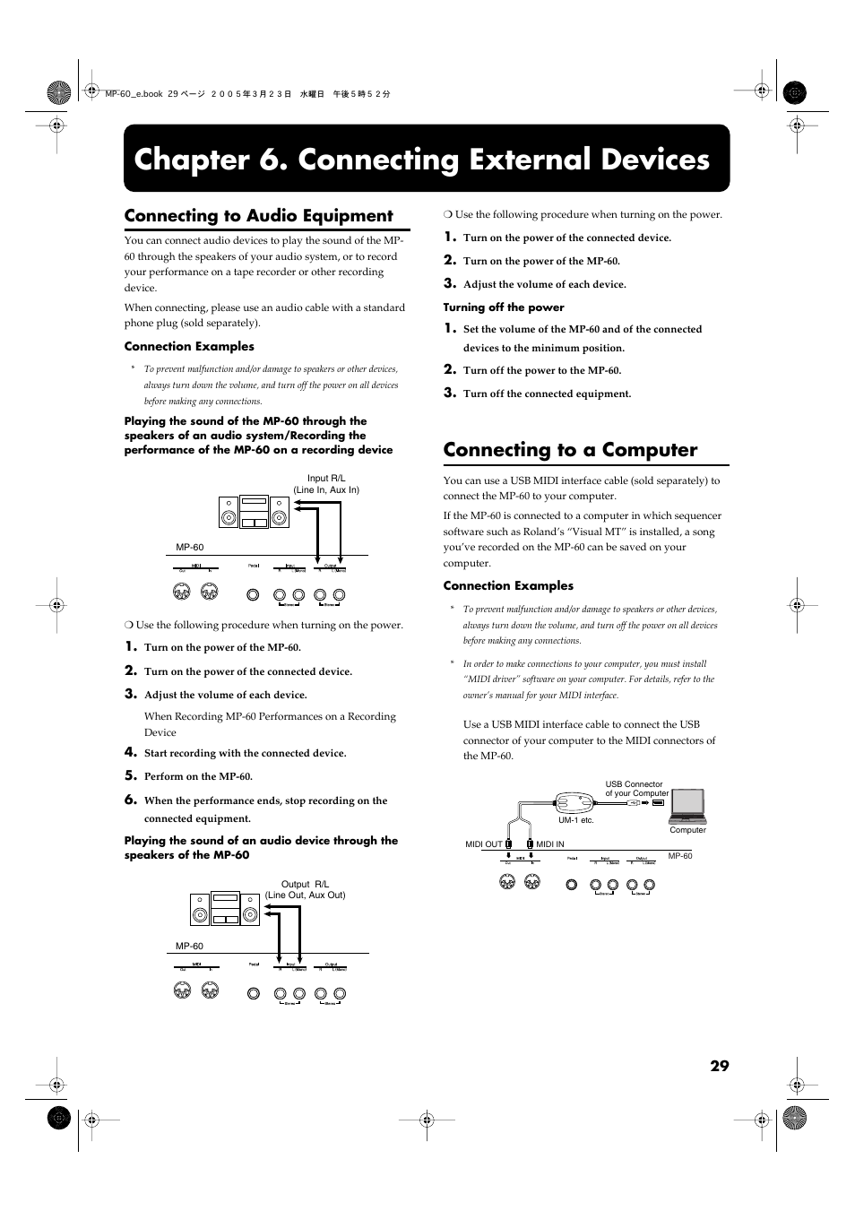 Chapter 6. connecting external devices, Connecting to audio equipment, Connecting to a computer | Chapter 6, Connecting external devices, Be output from the mp-60’s speakers (p. 29), A performance (p. 29) | Roland MP-60 User Manual | Page 29 / 44