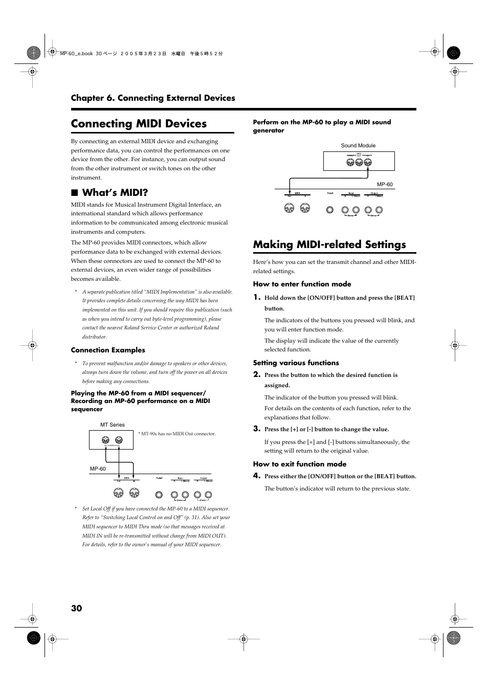 Connecting midi devices, What’s midi, Making midi-related settings | P. 30), 30 chapter 6. connecting external devices | Roland MP-60 User Manual | Page 30 / 44