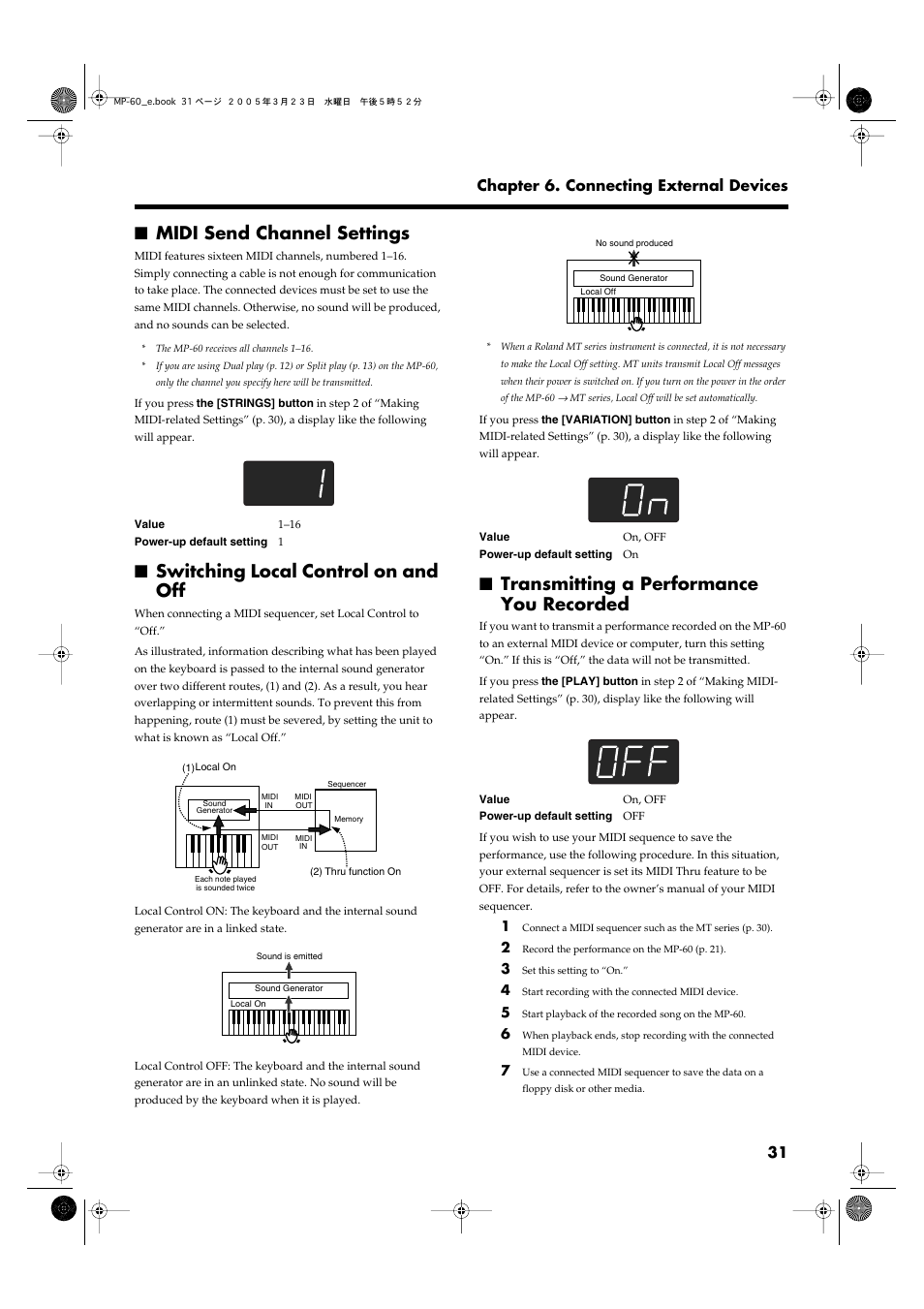 Midi send channel settings, Switching local control on and off, Transmitting a performance you recorded | P. 31, 31 chapter 6. connecting external devices | Roland MP-60 User Manual | Page 31 / 44