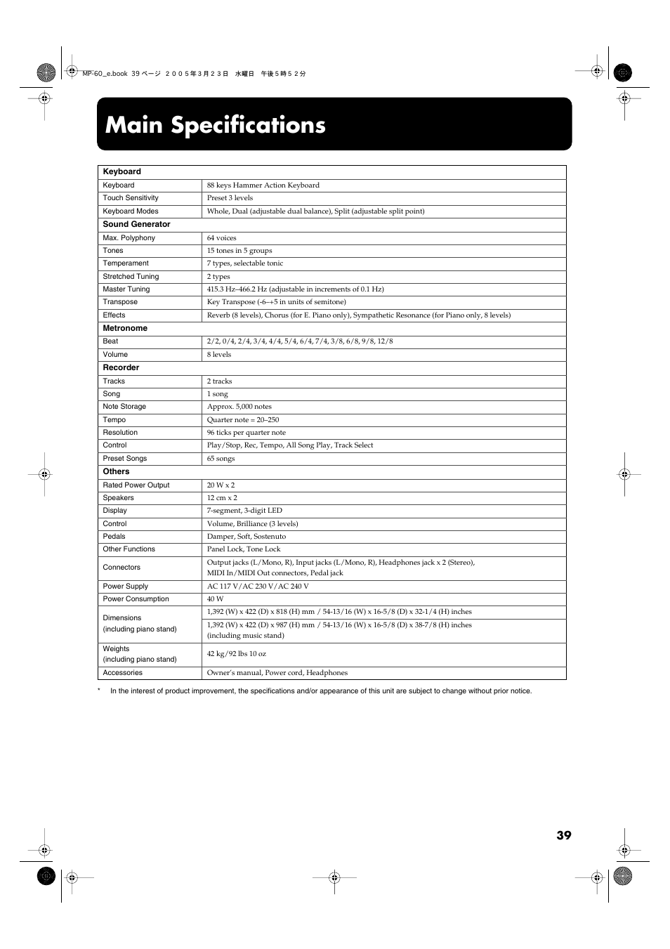 Main specifications | Roland MP-60 User Manual | Page 39 / 44