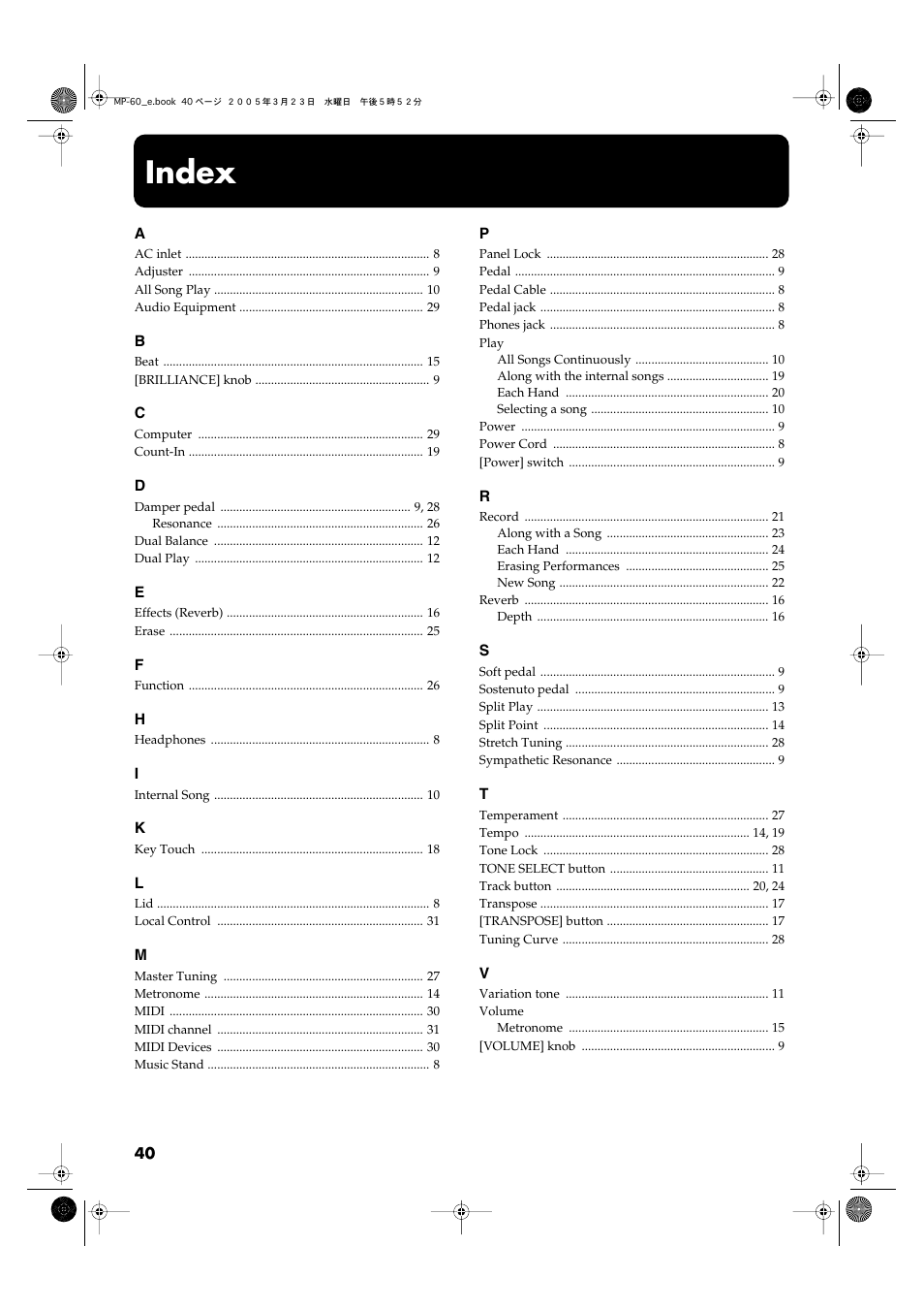 Index | Roland MP-60 User Manual | Page 40 / 44