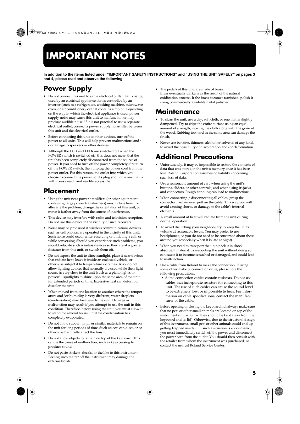 Important notes, Power supply, Placement | Maintenance, Additional precautions | Roland MP-60 User Manual | Page 5 / 44